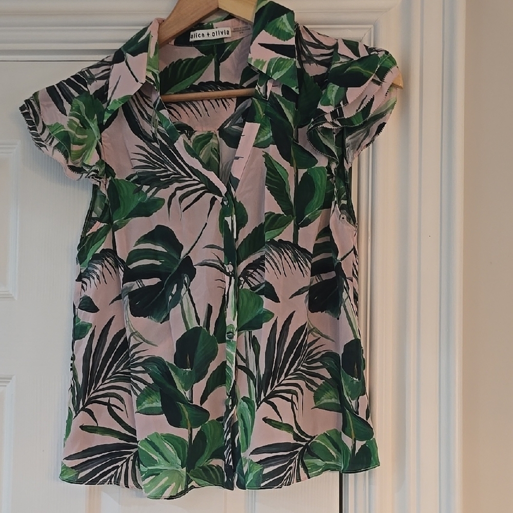 Alice + Olivia Green Leaf Print Women's Top